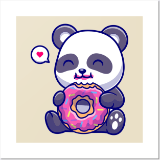 Cute Panda Eating Doughnut Cartoon Posters and Art